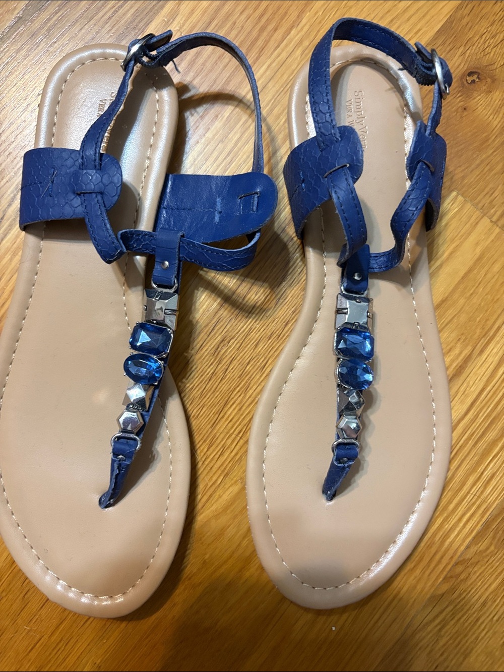Women's Blue Jeweled T-Strap Sandals - Simply Vera